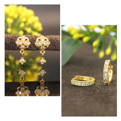 Gold plated zircon earrings set featuring elegant danglers and huggie hoops