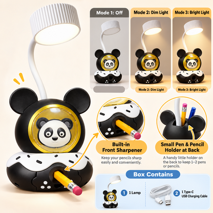 A collage displays the panda lamp's features: three light modes, a built-in sharpener, and a pen holder.