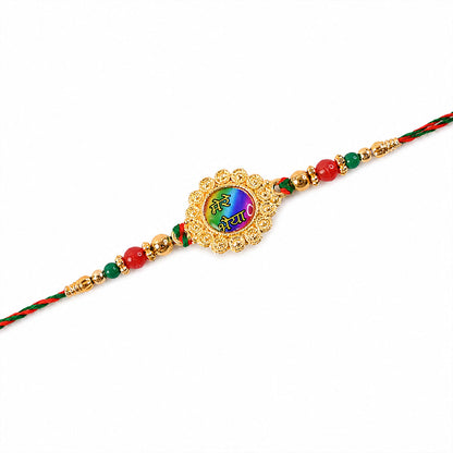 Bold Rakhi featuring Rainbow Devanagari Plaque, bead line and gift style for Gift Use