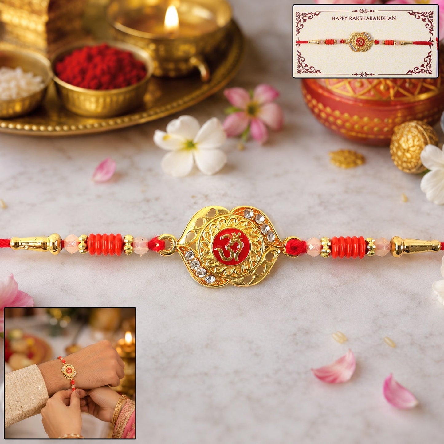 OM Antique Floral Rakhi Elegant Traditional Design for Raksha Bandhan (10pcs)
