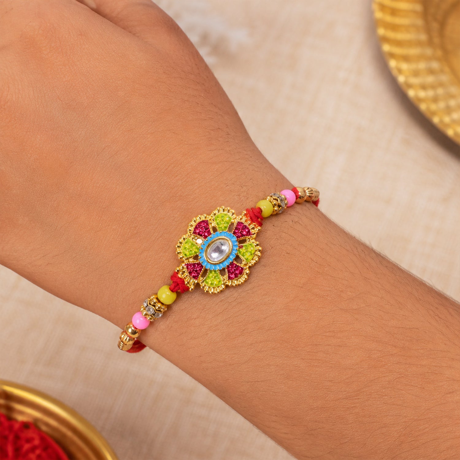 Premium Rakhi with Ornate Floral Medallion and bead line in chain look for Gift Use