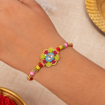 Premium Rakhi with Ornate Floral Medallion and bead line in chain look for Gift Use