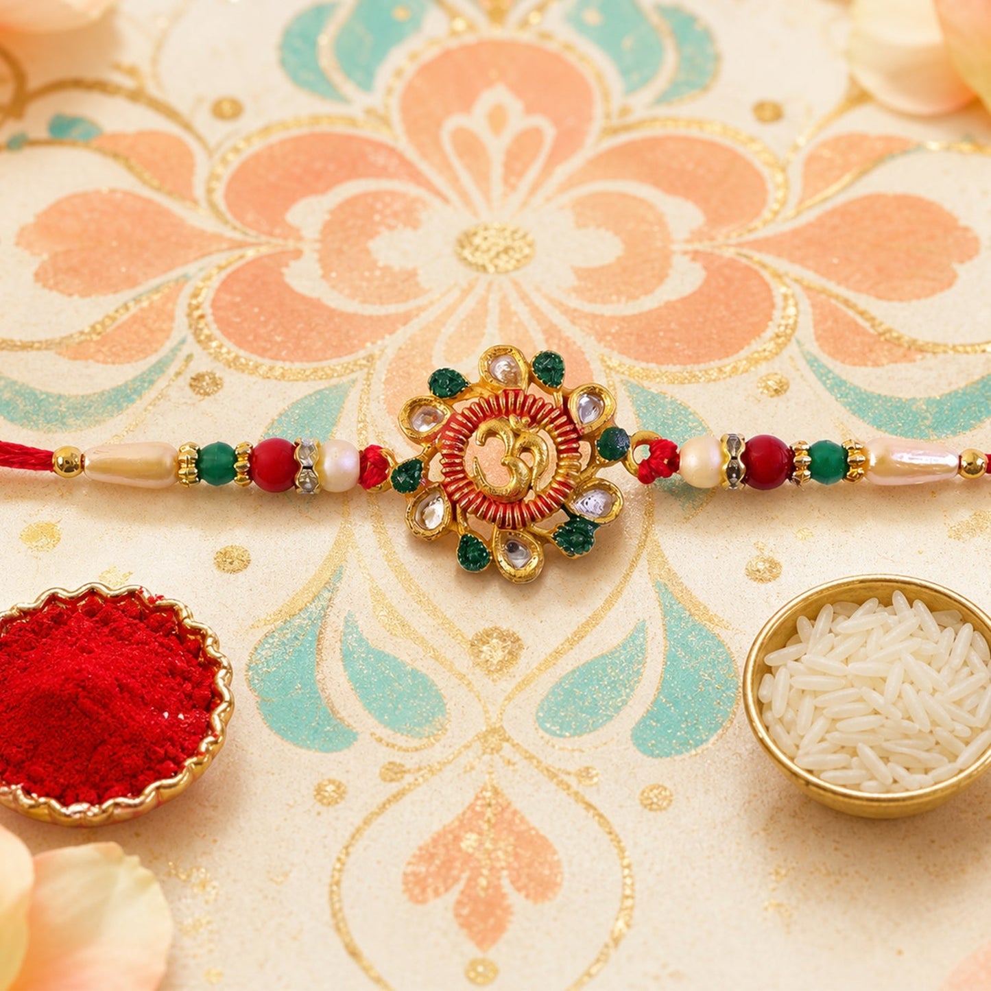 Om Motif Beaded Designer Rakhi for Raksha Bandhan Puja Wear (5pcs)