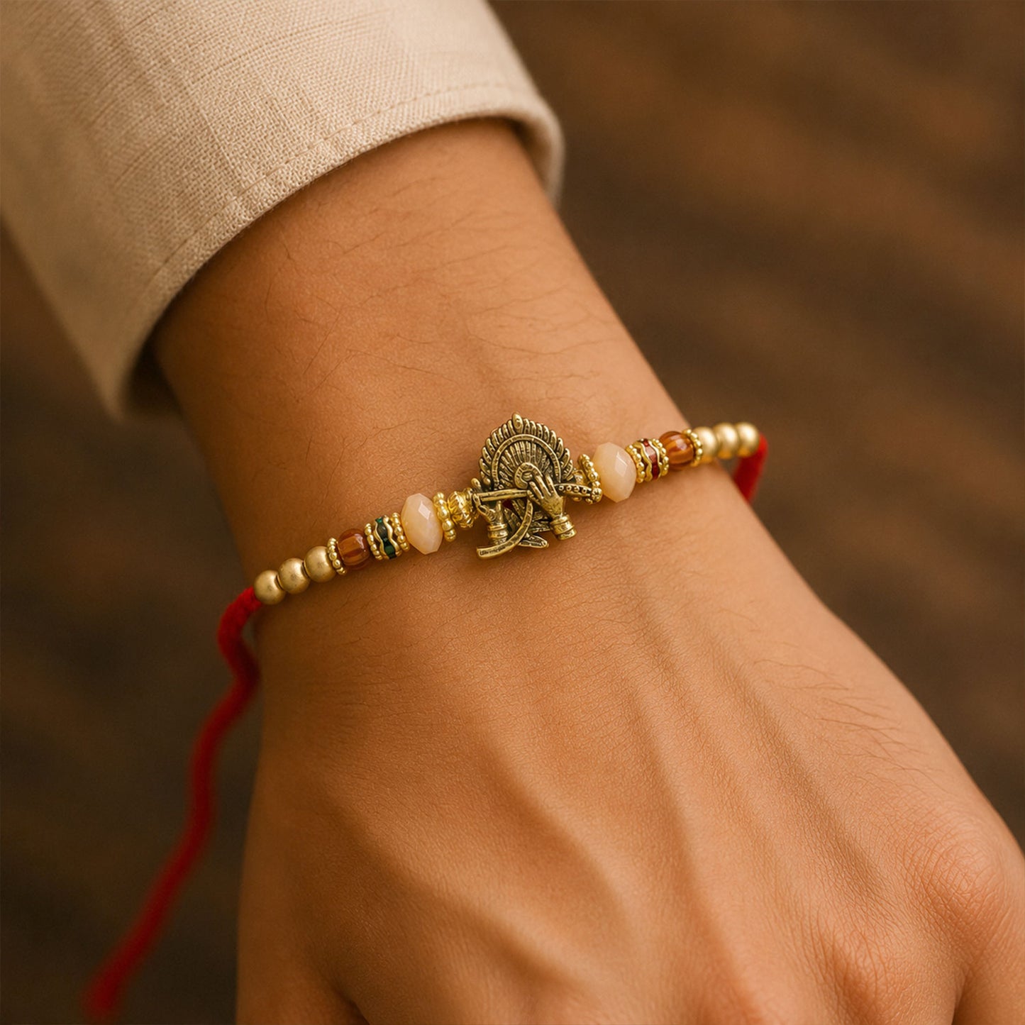 Krishna Flute Peacock Devotional Rakhi with Antique Gold Centre and Peach Beads