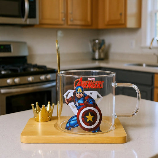 Glass Coffee Mug with Wooden Tray, Spoon & Crown Holder Set (Design may vary)