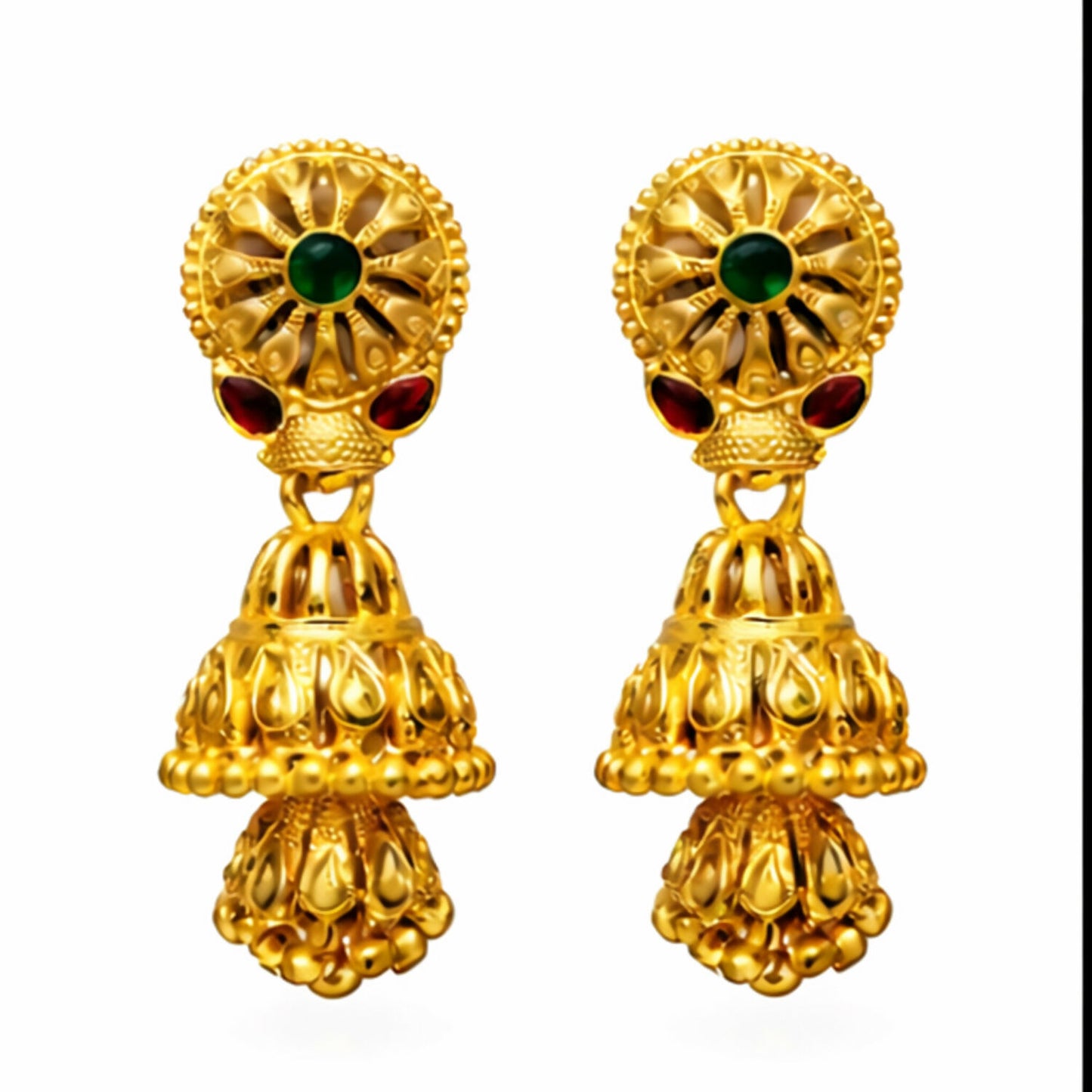 Pair of gold plated jhumka earrings featuring detailed ethnic design