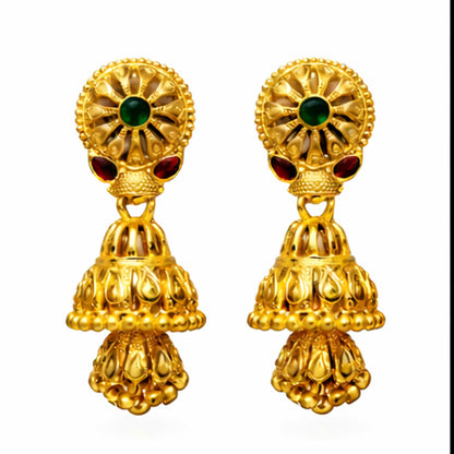 Pair of gold plated jhumka earrings featuring detailed ethnic design