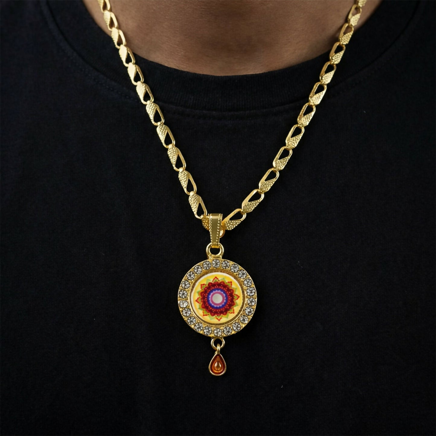 Gold Pendant Necklace with Mandala Design & Stone Detailing