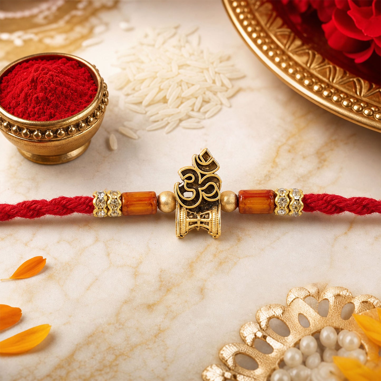 Red Braided Rakhi with Golden Om Pendant and Warm Amber Beads
