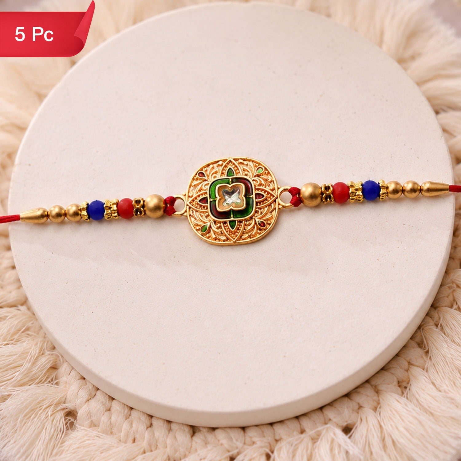 Kundan Rakhi Traditional Antique Gold Finish with Multicolor Beads (5pcs)