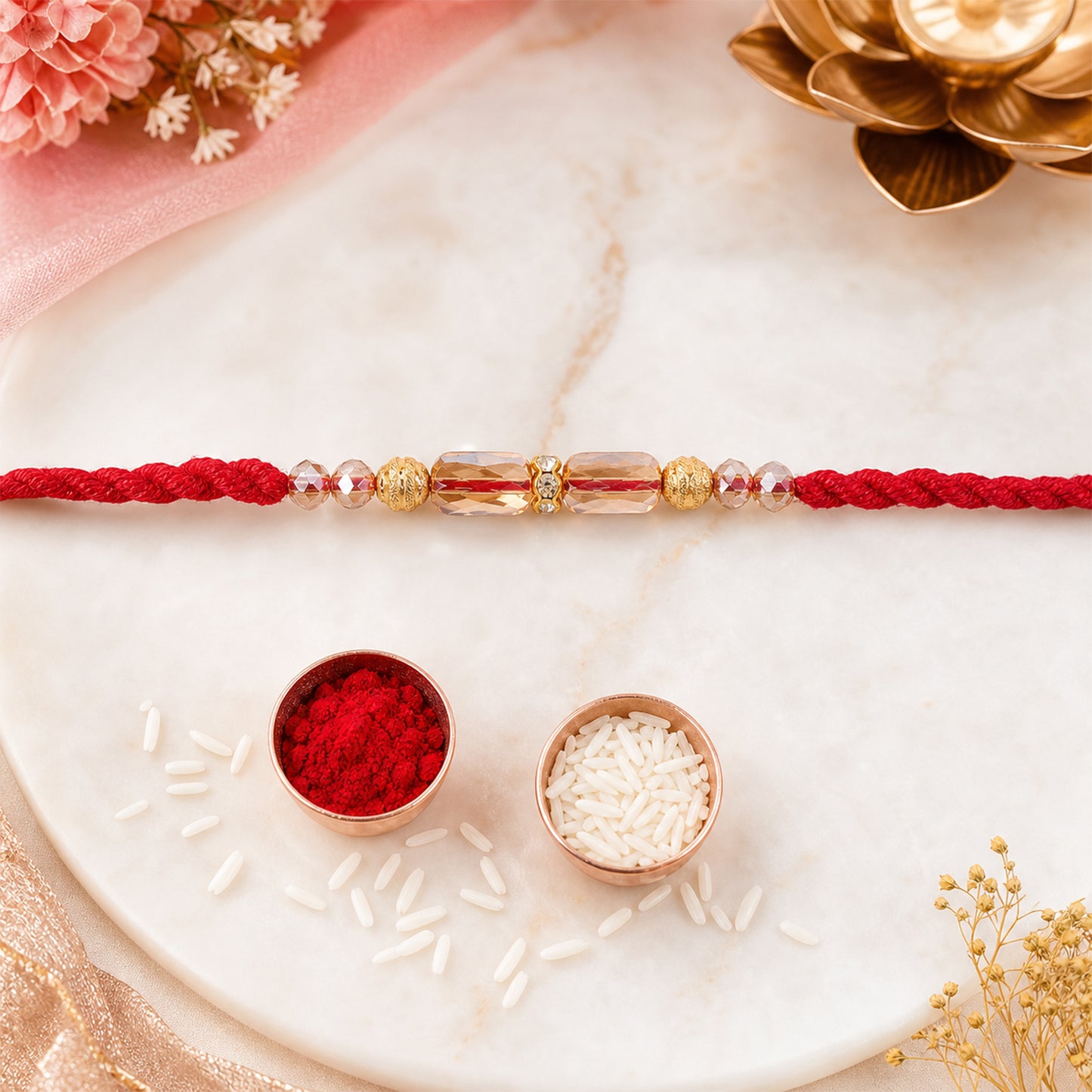 Red Thread Rakhi with Crystal Bead Pendant and Golden Bead Accents