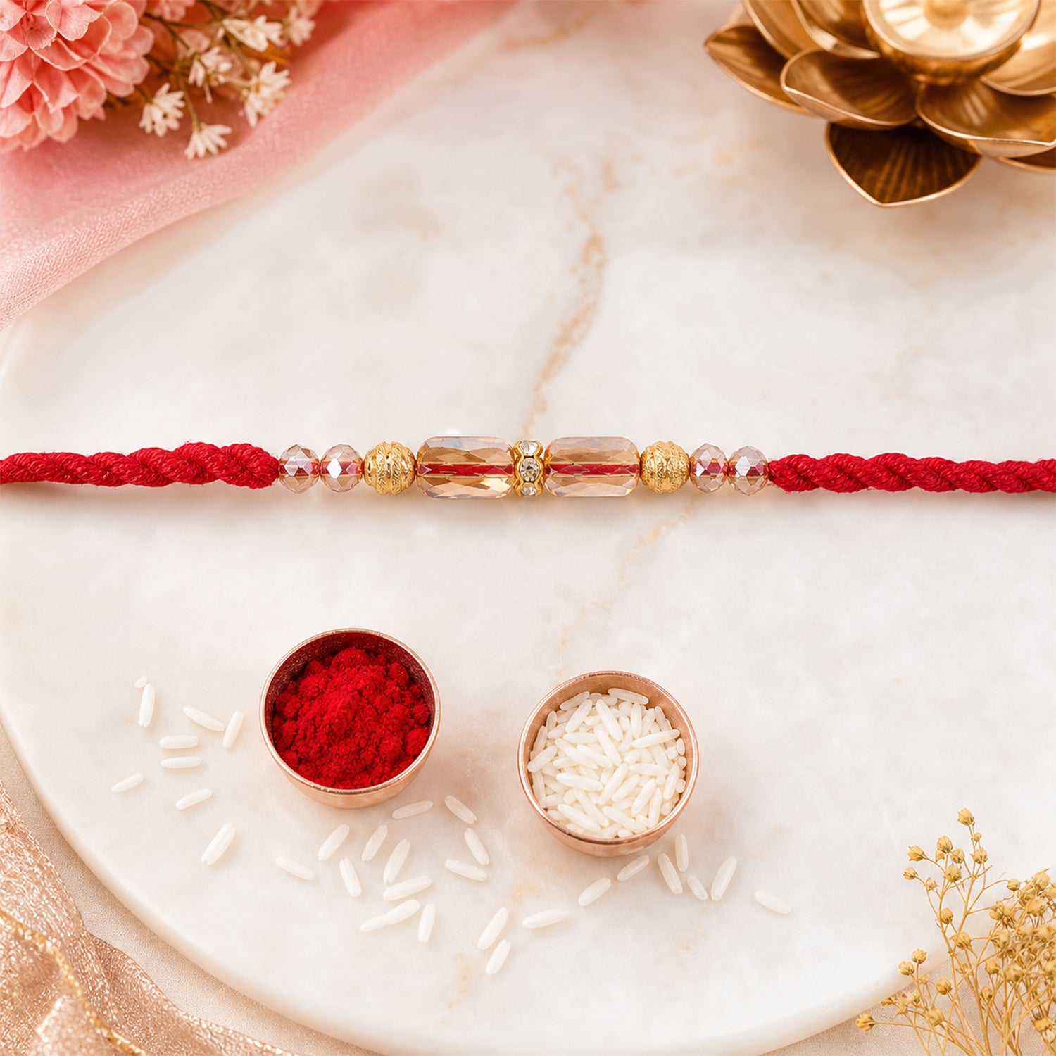 Red Thread Rakhi with Crystal Bead Pendant and Golden Bead Accents