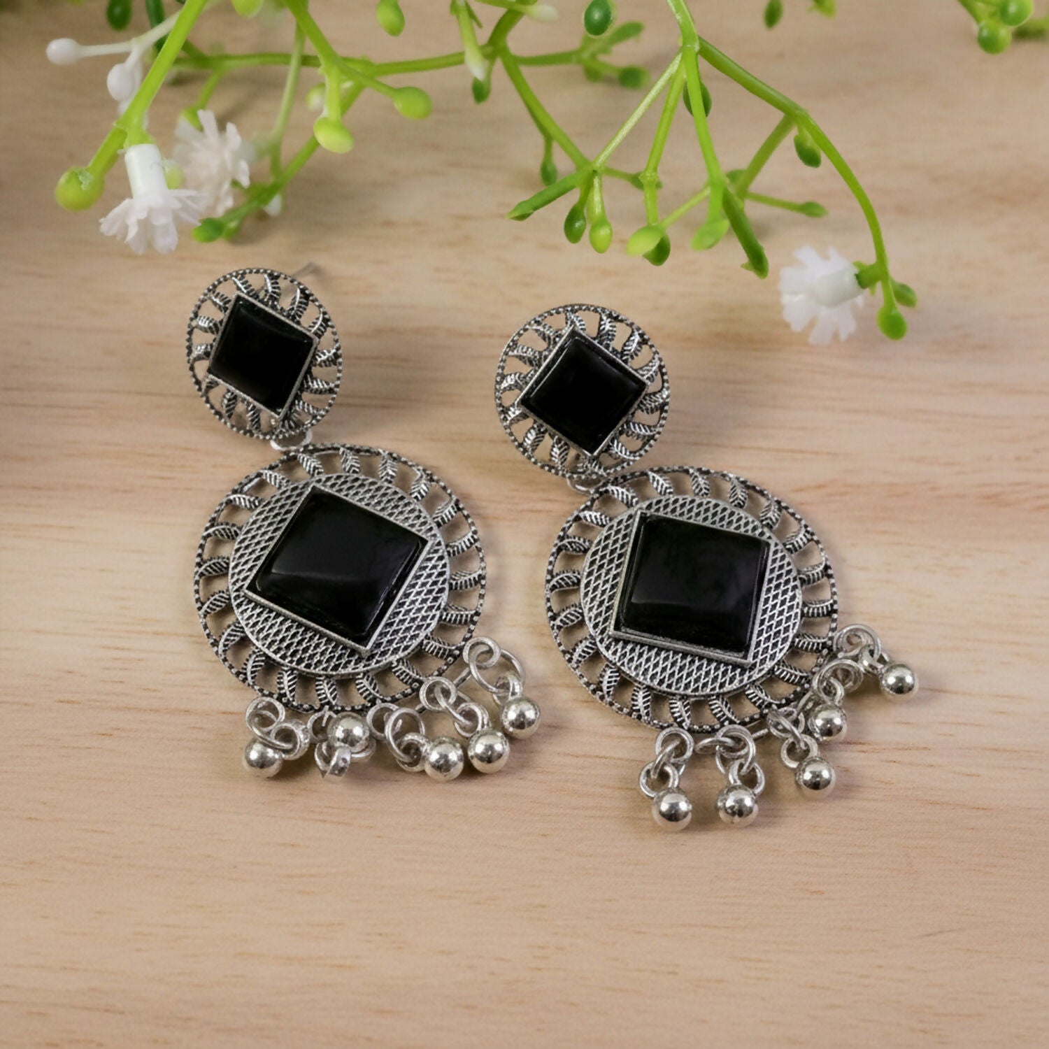 Vintage Charm Black Stone Oxidized Silver Earrings
