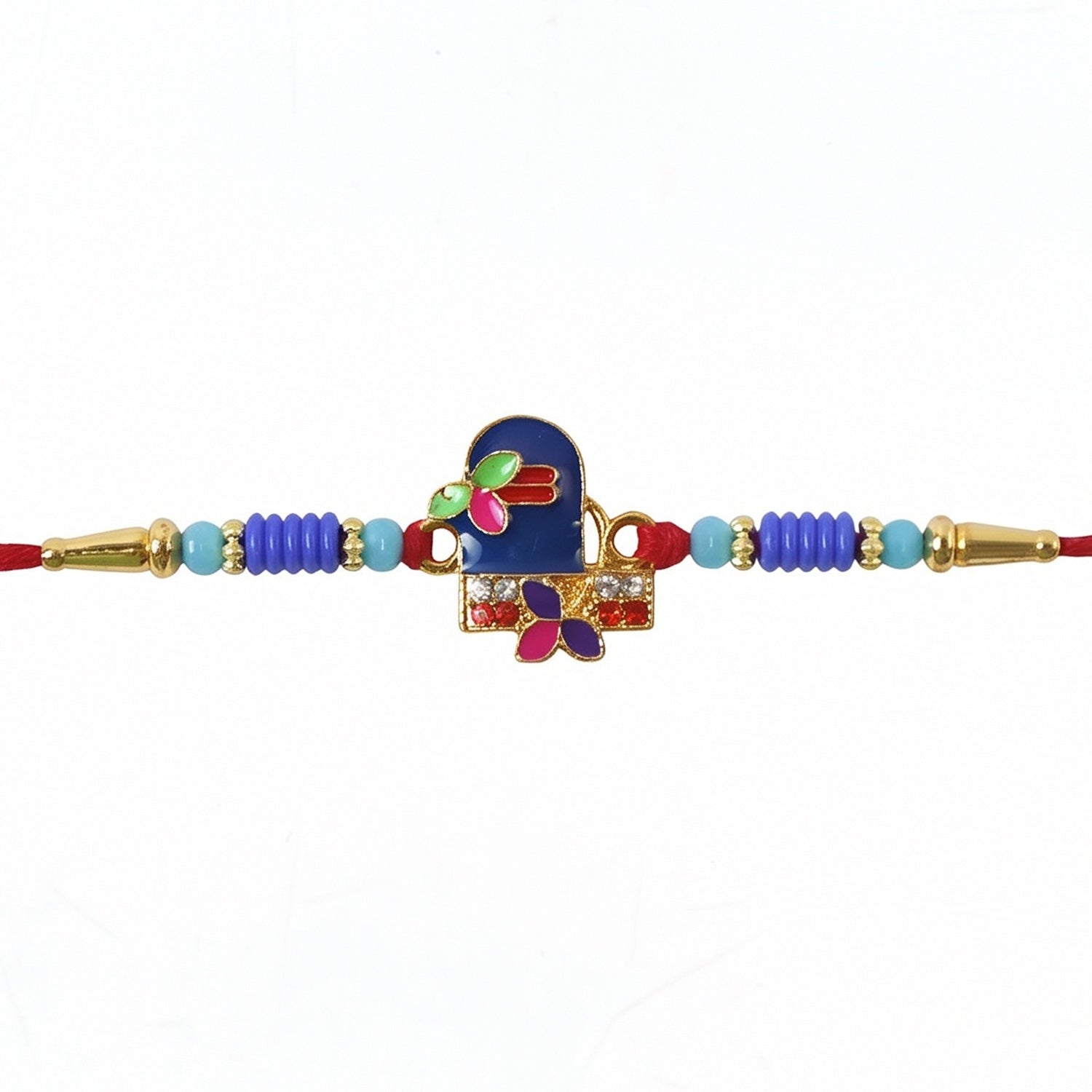 Hand tying Royal Blue Shiv Rakhi on wrist