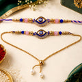 Evil Eye Bhaiya Bhabhi Rakhi Set with Pink and Blue Beads and Pearl Lumba