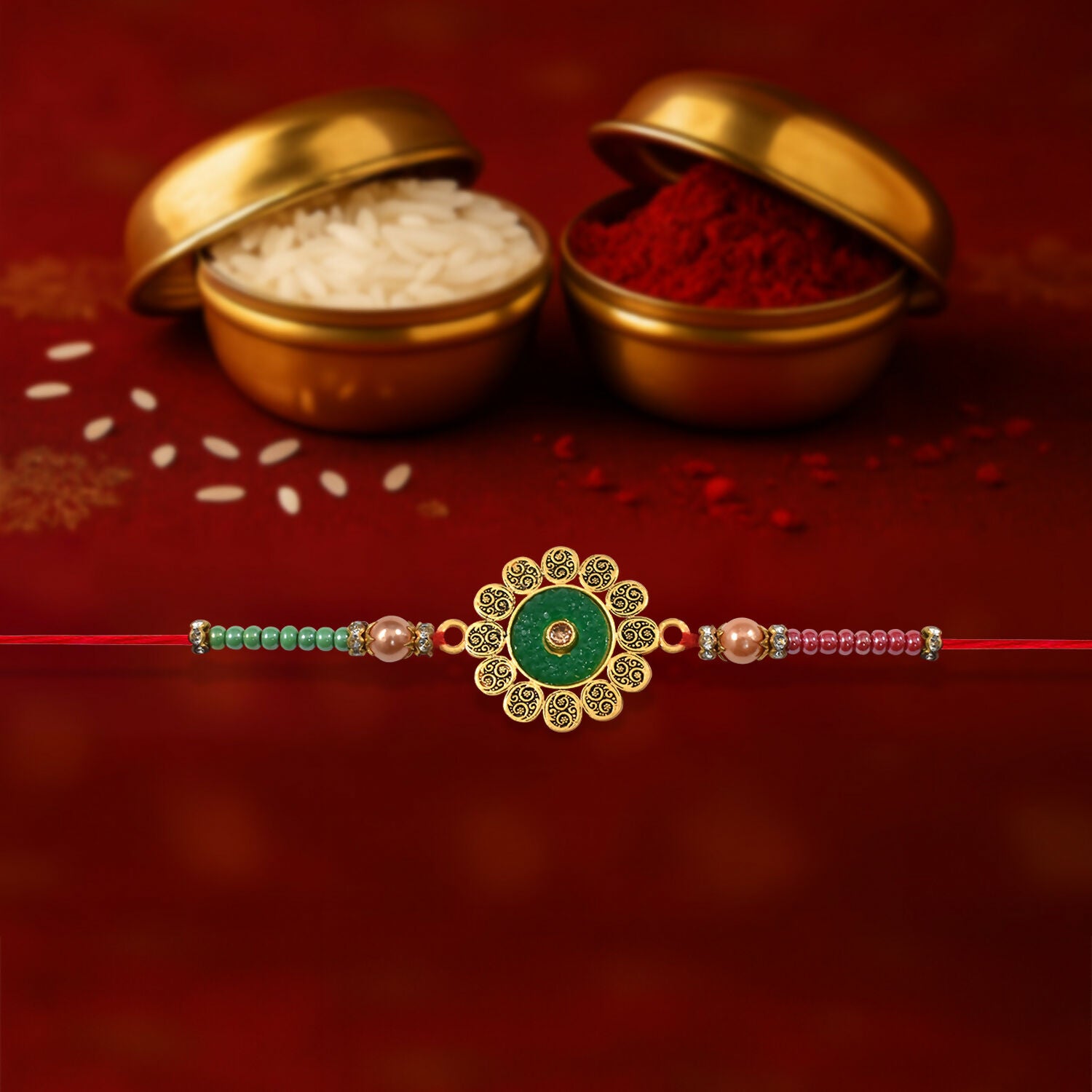 Floral Rakhi with green centerpiece and multicolor beads