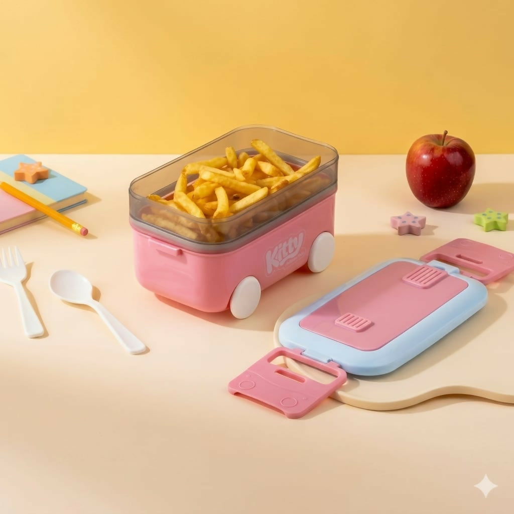 Open lunch box showing removable tray and cutlery for kids