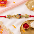 Gold-Toned Peacock Rakhi with Colorful Enamel and Stones for Raksha Bandhan (5pcs)