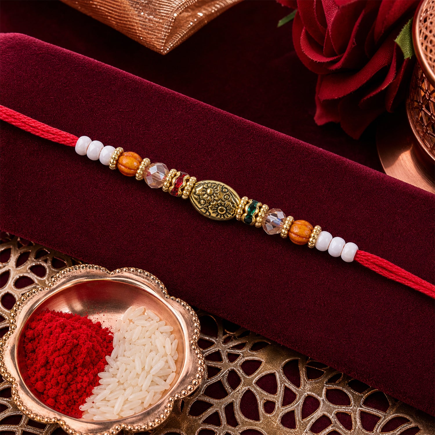 Red Thread Rakhi with Floral Gold Oval Charm and Multicolour Beads