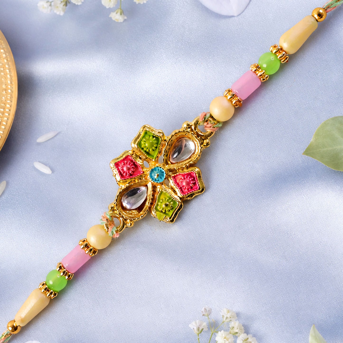 Floral Cross Kundan Pendant Rakhi with Multicolor Beads