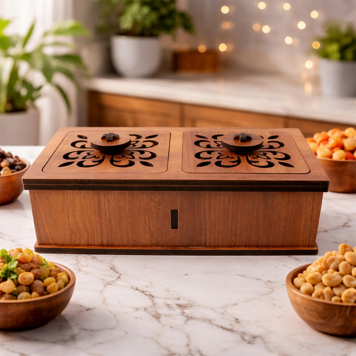 Side view of wooden dry fruit box showing compartments and carved lids