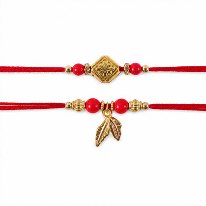 Red Bead Floral Rakhi Pair with Leaf Charms for Bhaiya Bhabhi Couple Celebration