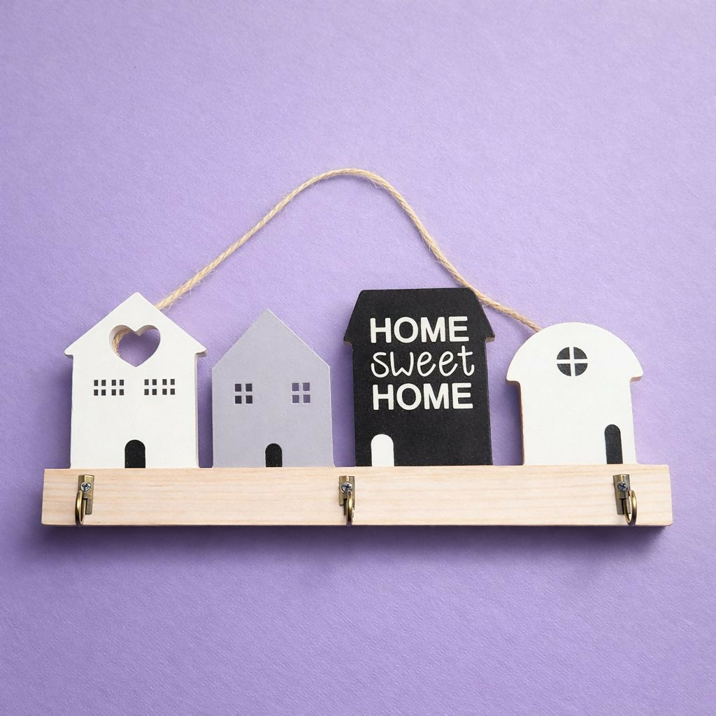 Wooden House Design Key Holder Wall Mount with 3 Hooks
