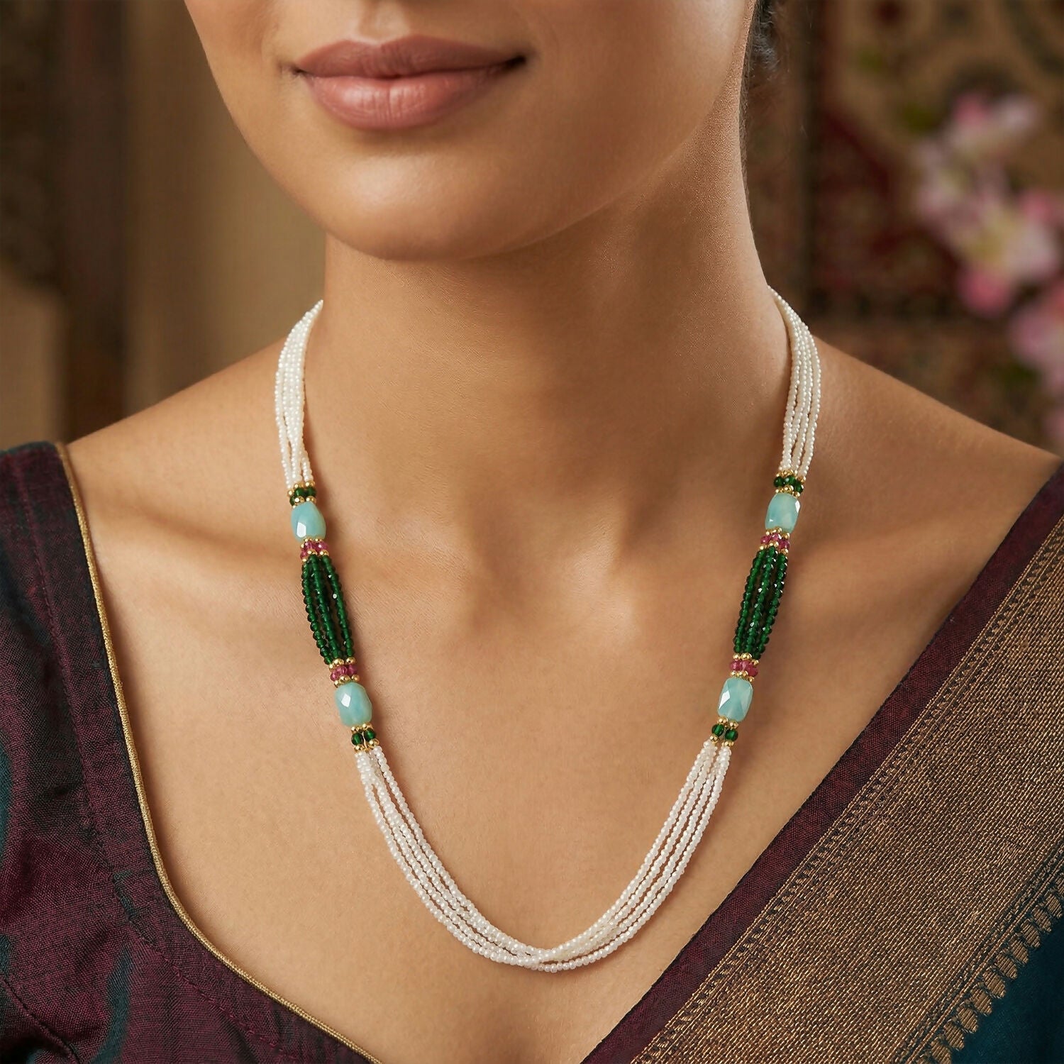 Handmade Layered Pearl Mala Necklace with Green Beads Aqua Accent Ethnic Style