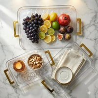 Elegant Transparent Multipurpose Serving Tray Set with Golden Handles for Kitchen & Home