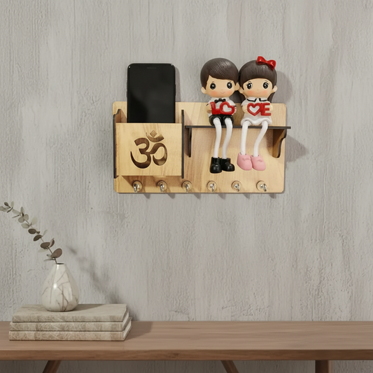 Wooden Om Key Holder with Shelf & Mobile Stand | Spiritual Home Décor
