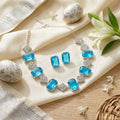 Aqua Blue Crystal Necklace Set with Silver Sparkle Links & Matching Stud Earrings
