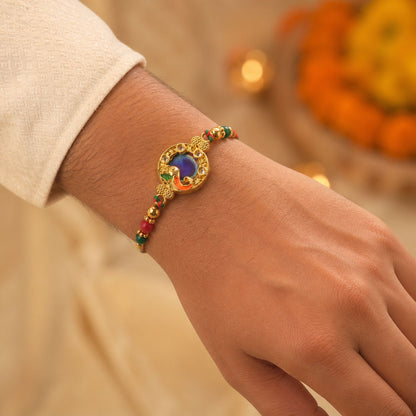 Classic Rakhi with Peacock Circle Charm, leaf touch and thread look for Gift Use