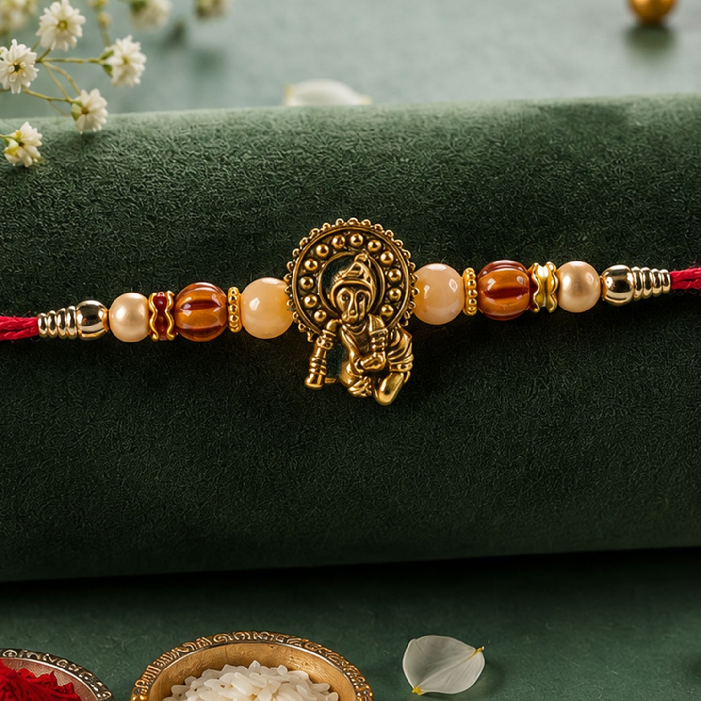 Antique Deity Idol Devotional Rakhi with Golden Medallion, Peach Beads and Red Thread