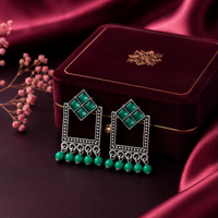 Stylish Green Stone Oxidized Silver Square Drop Earrings for Women & Girls | Trendy Ethnic Fashion Jewelry