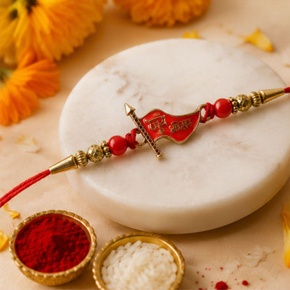 Jay Shree Ram Red Meenakari Flag Rakhi with Gold Beads and Mauli Thread