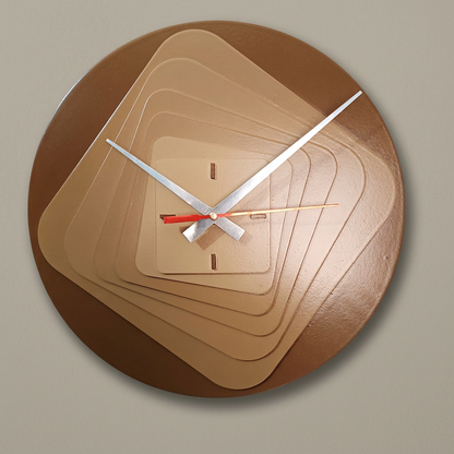 Close-up of layered geometric pattern on wooden wall clock