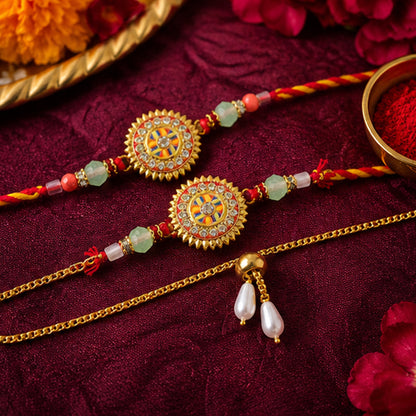 Round Mandala Stone Bhai Bhabhi Lumba Rakhi with Pearl Chain Detail