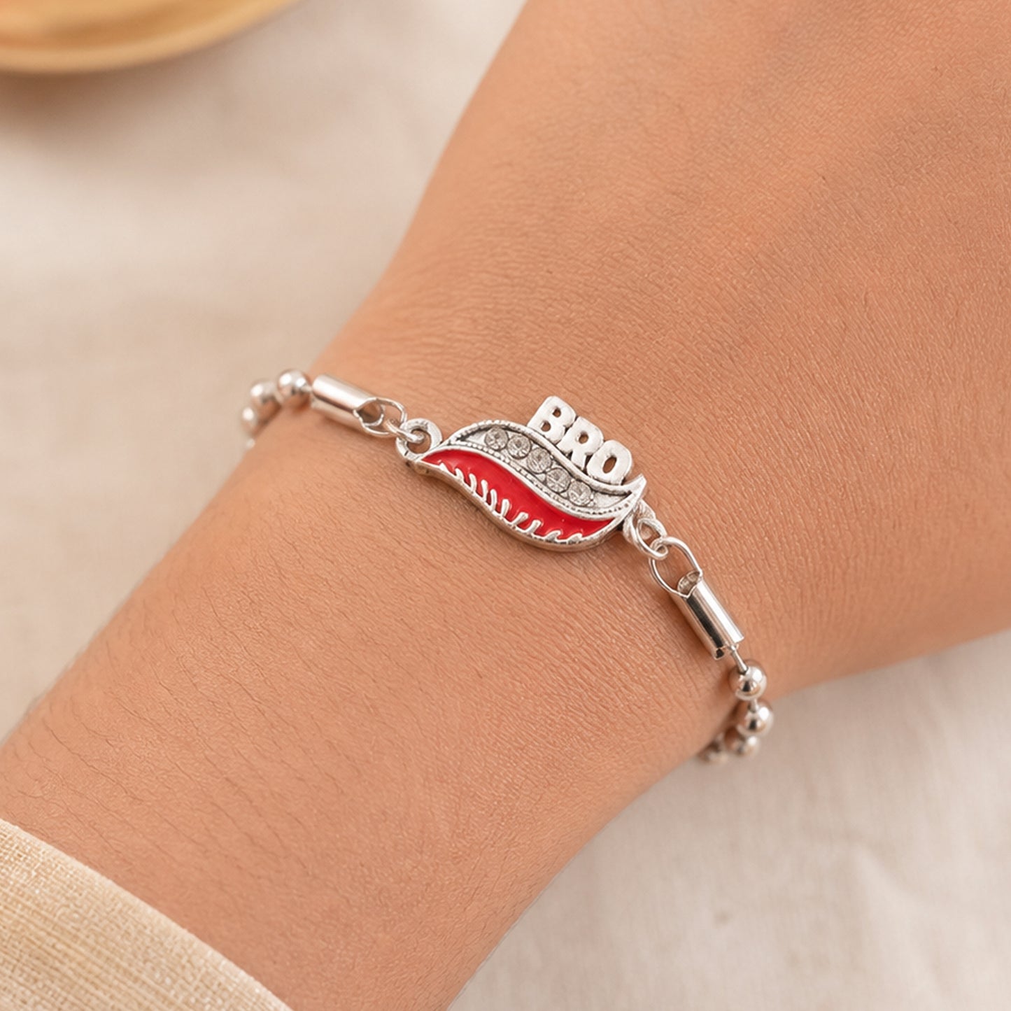 Bro Leaf Crystal Studded Enamel Silver Chain Designer Rakhi