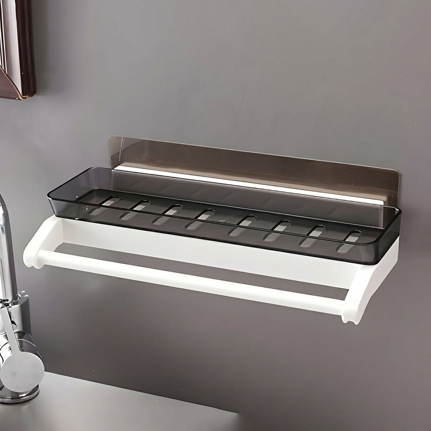 Side view of wall-mounted bathroom shelf with towels and accessories