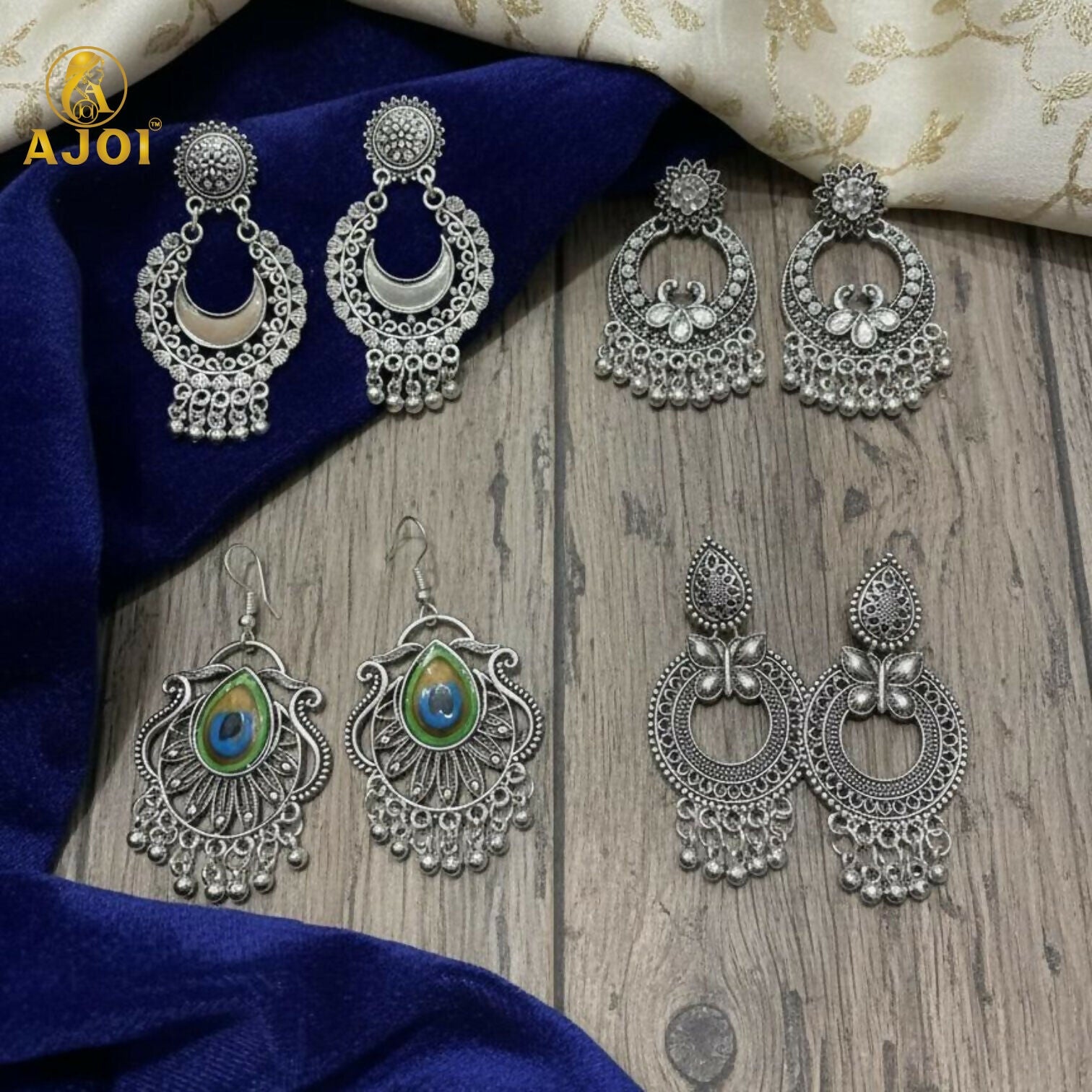 Traditional Oxidised Silver Earrings Combo Set for Women And Girls(PACK OF 4)