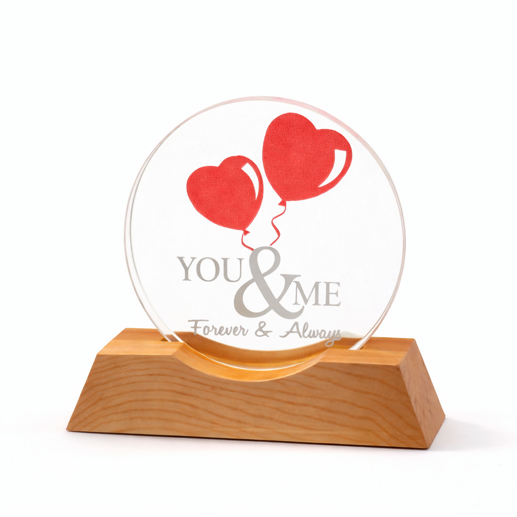 You & Me Forever LED Acrylic Lamp with Wooden Base | Romantic Night Light