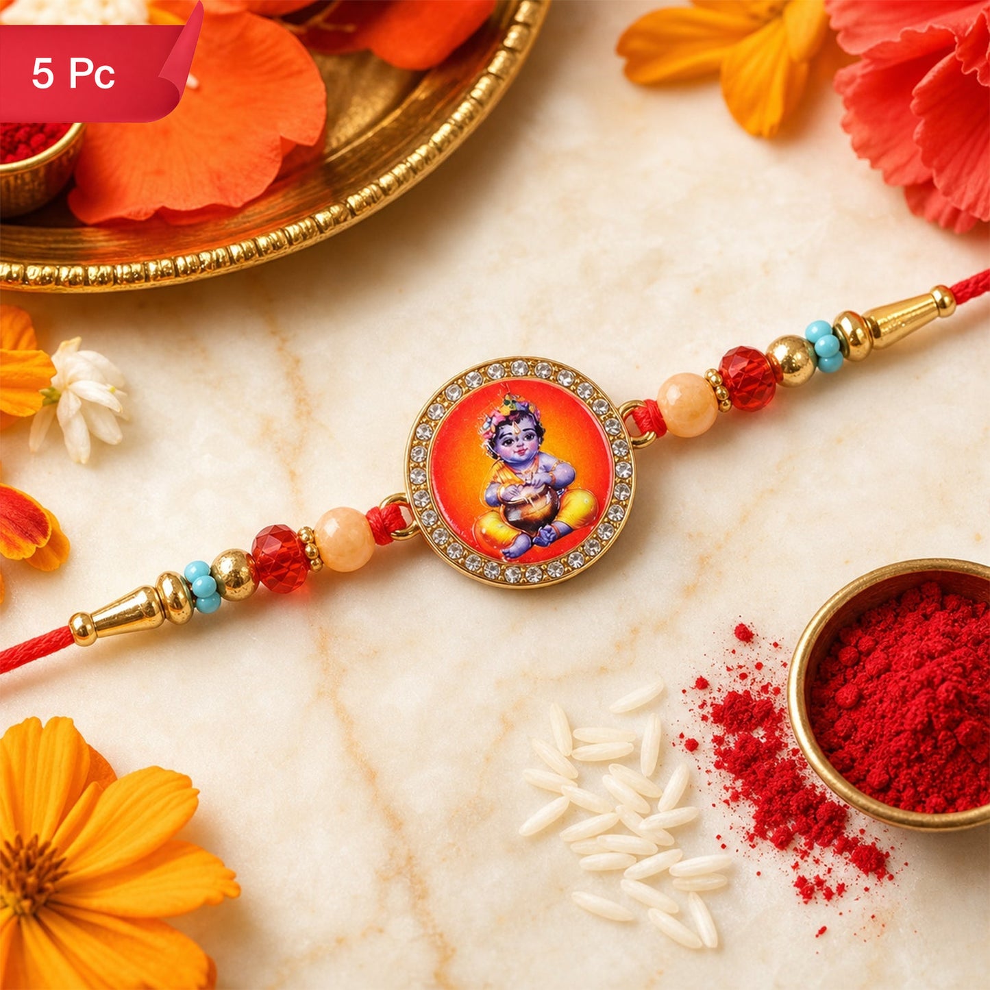 Bal Krishna Photo Round Beaded Traditional Rakhi for Brother (5pcs)