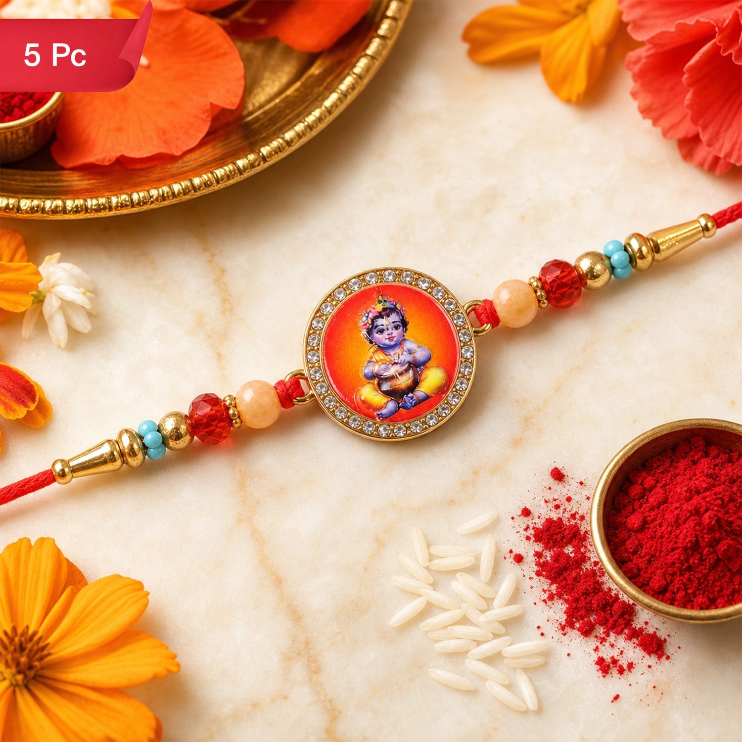 Bal Krishna Photo Round Beaded Traditional Rakhi for Brother (5pcs)
