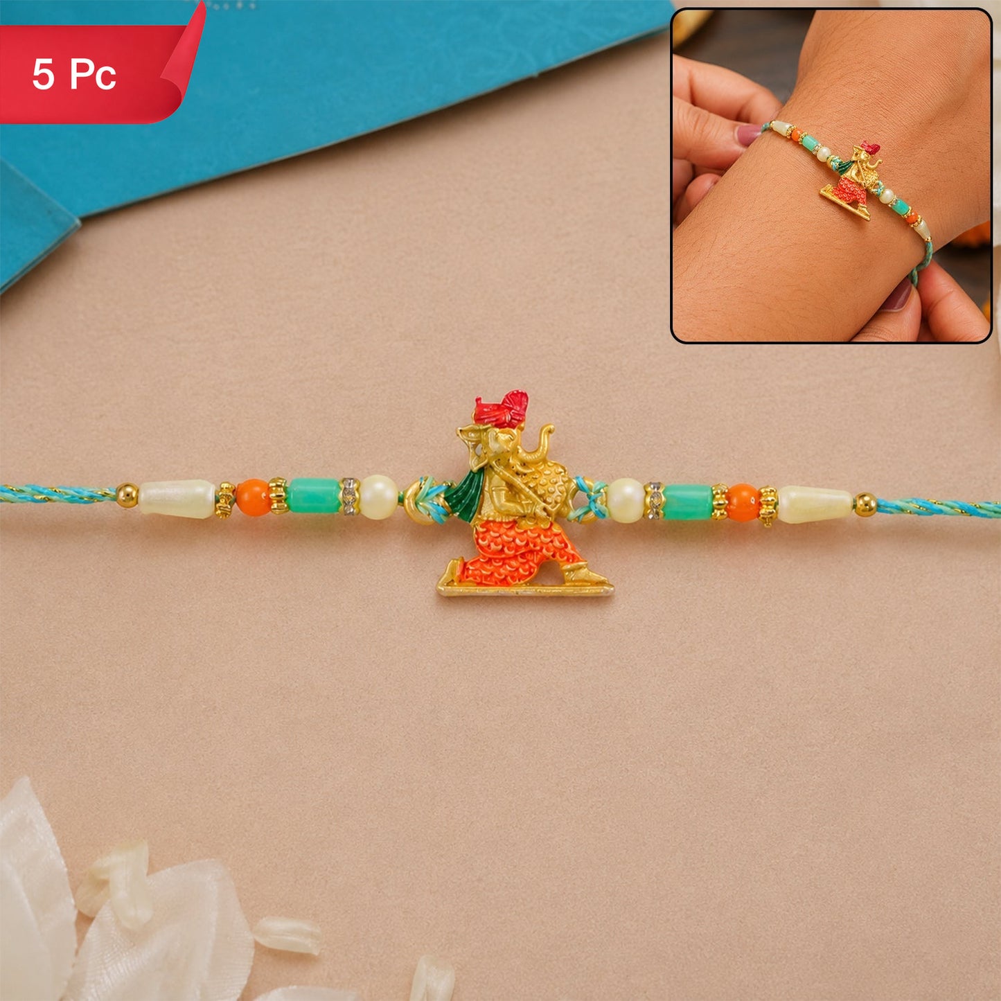 Ganesh Charms Rakhi with Turquoise and Pearl Beads Elegant Festival Accessory (5pcs)