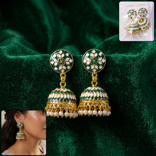 Green round stud jhumka earrings with pearl drops