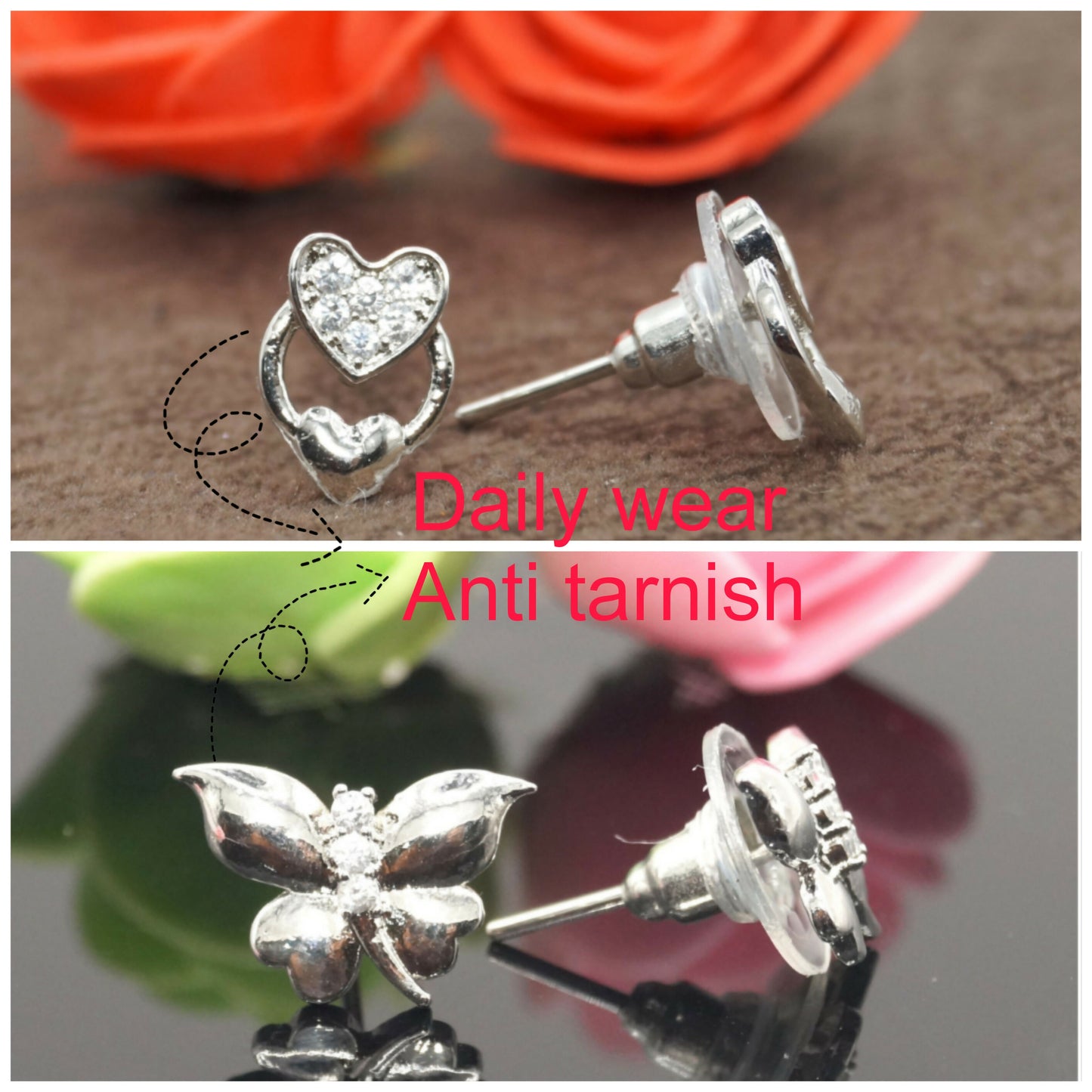 Close-up of silver heart stud earring with clear cubic zirconia stones