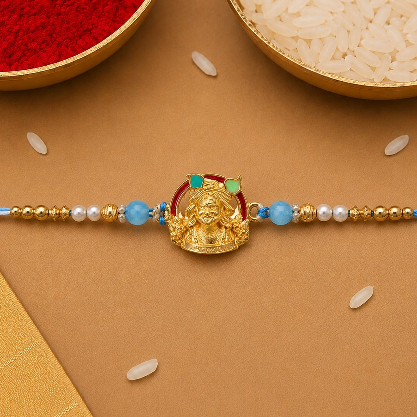 Gold-Toned Khatu Shyam Rakhi with Blue and Pearl Beads for Raksha Bandhan (5pcs)