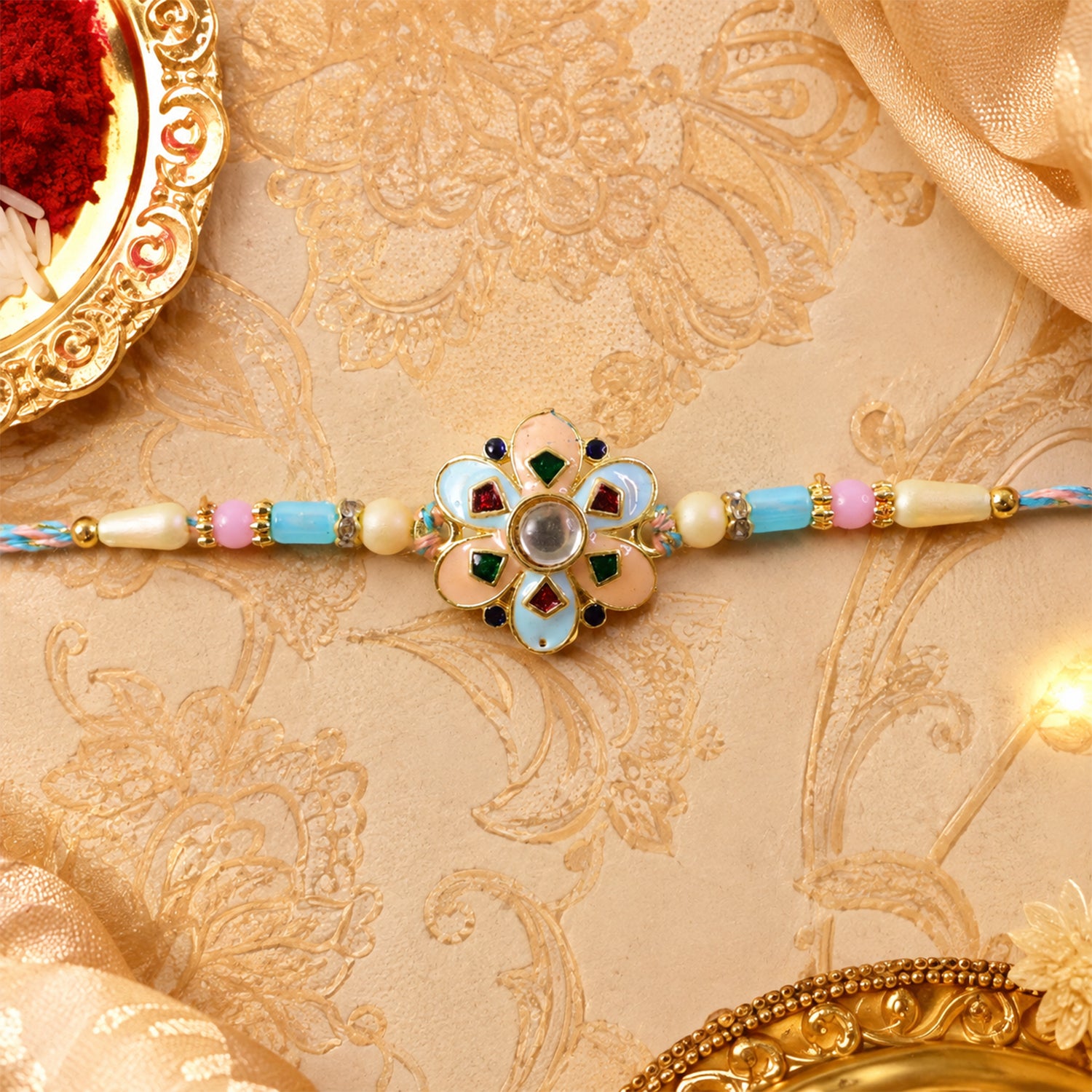 Eight Petal Floral Kundan Pendant Rakhi with Pastel Beads
