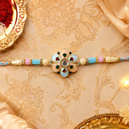 Eight Petal Floral Kundan Pendant Rakhi with Pastel Beads