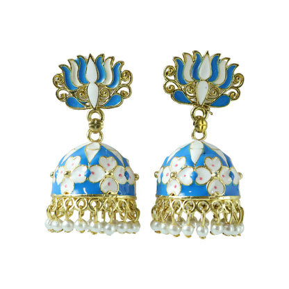 Blue lotus jhumka earrings highlighting pearl bead hangings